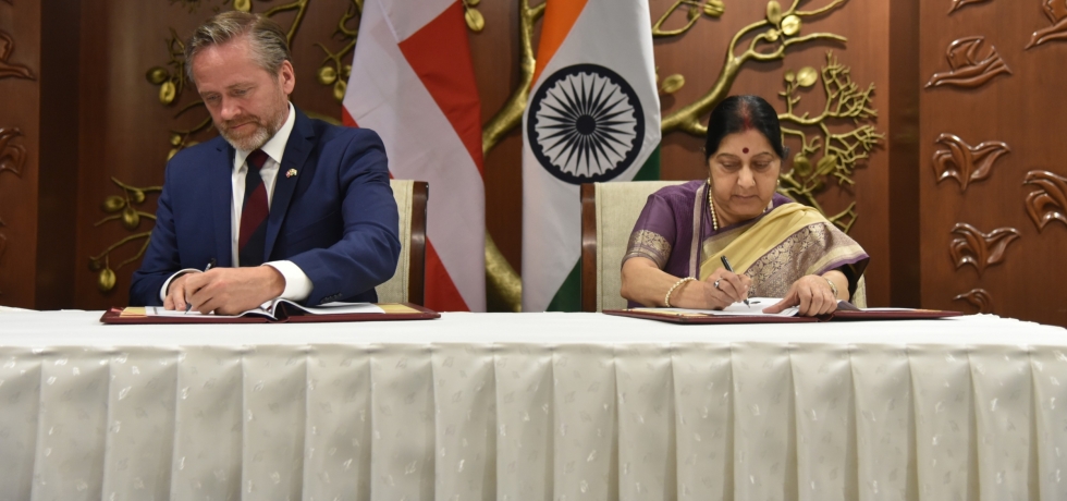 External Affairs Minister Sushma Swaraj and Danish Foreign Minister Anders Samuelsen exchange Agreements after  2nd Joint Commission Meeting on 17th December 2018 in New Delhi